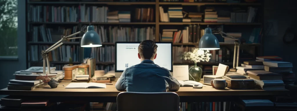 a person sitting at a computer, surrounded by books and notes, studying digital marketing and seo.