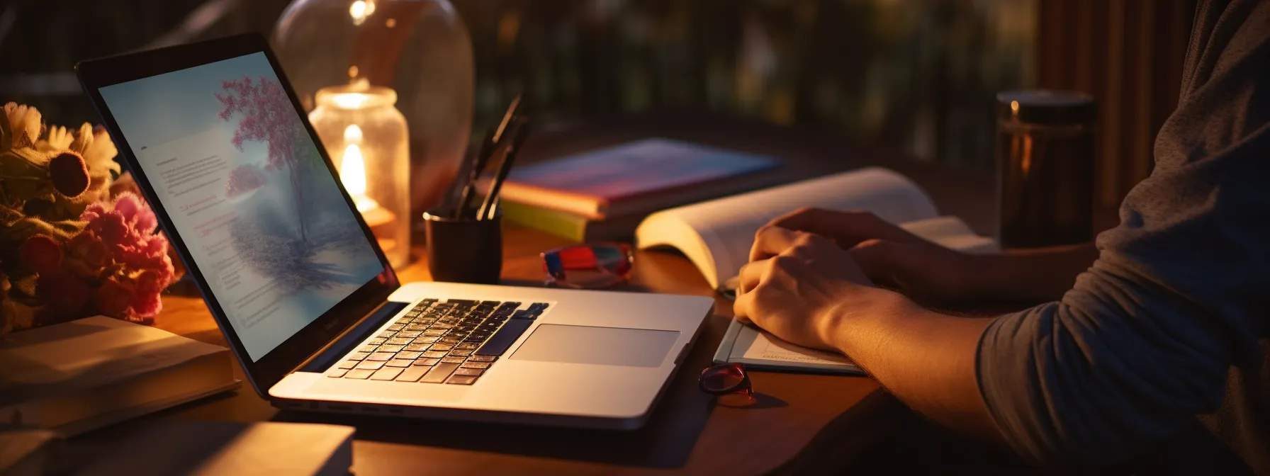 a person studying mobile seo strategies on their laptop with various books and resources surrounding them.