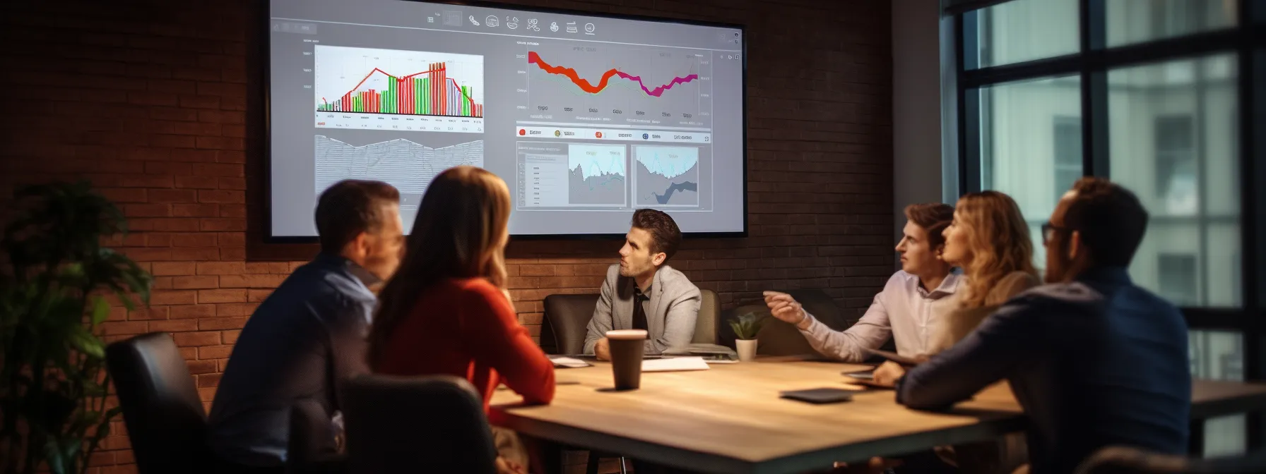 a group of marketers analyzing charts and graphs on a large screen, discussing and brainstorming about the latest trends in social media seo.