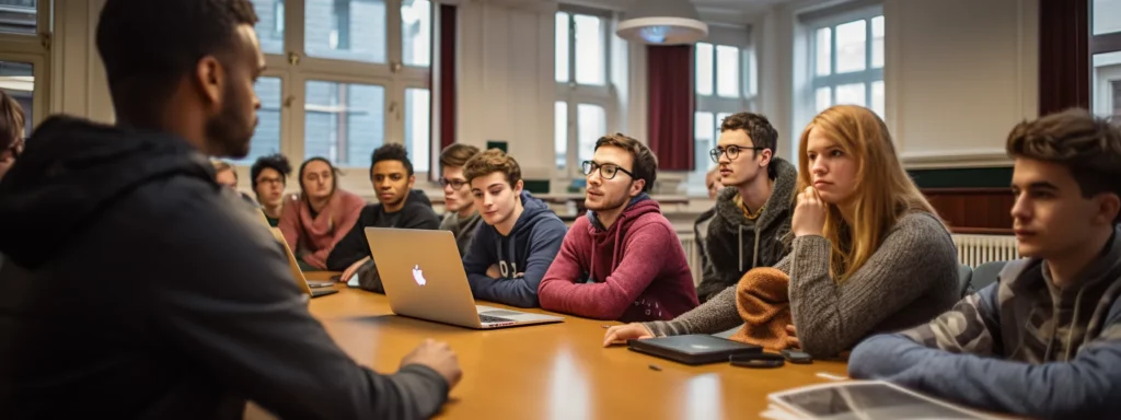 a group of students sitting attentively in a classroom, listening to an instructor explaining advanced seo techniques.