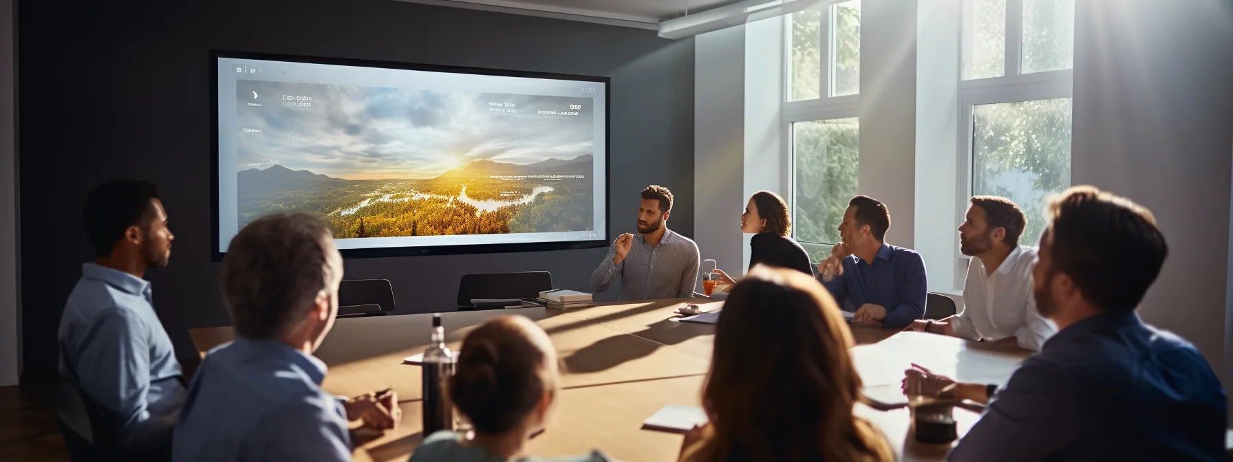 a group of marketers working together in a classroom setting, engaged in a lecture on seo theory with a projection of seo slides on a screen at the front.