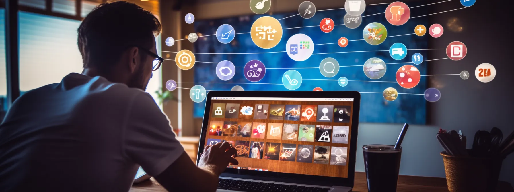 a person strategically planning social media content and seo tactics on a computer screen while surrounded by various social media icons.